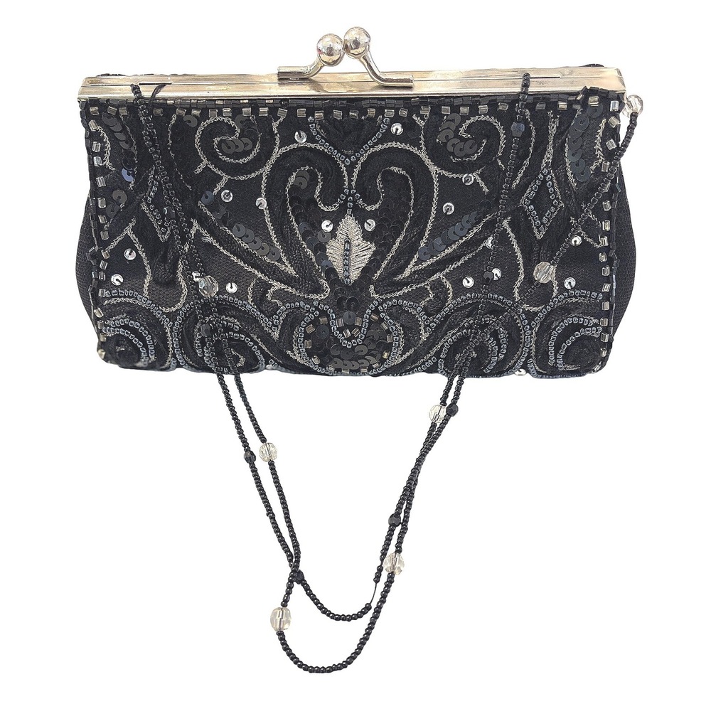 Valerie Stevens Black Beaded Sequin Clutch Evening Handbag Kiss Lock Chain Strap
